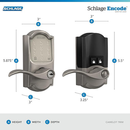 Schlage FE789WB CAM 619 Acc Encode WiFi Accent Lever Smart Lock, Keyless Entry Touchscreen Door Lock with Camelot Trim, Satin Nickel