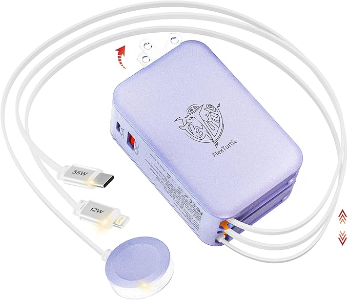 Retractable Apple Watch Charger, 5 in 1 Travel Charging Station for Apple Devices, Retractable Chargers for Multiple Devices with Multi Charging Cable, Charger Block for Apple Gear (Purple)