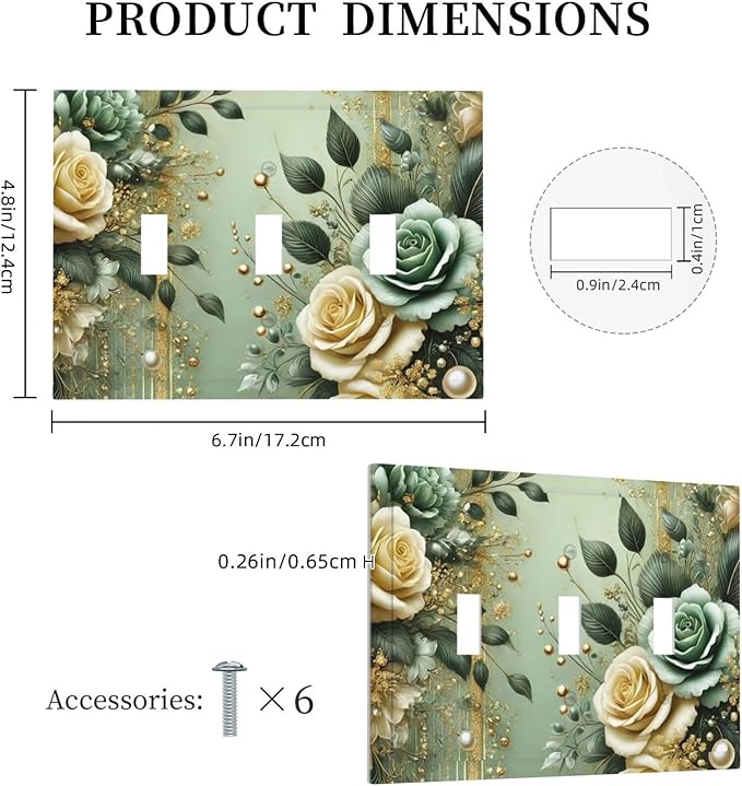 Decorative Light Switch Cover Plate Rustic Green Floral Leaves Teal Flowers Gold Stripe 3 Gang Wall Plate Oversized Triple Toggle Switch Cover Plate Jumbo Faceplate
