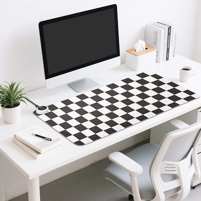 Checkered Black and White Heated Desk Pad Mouse Pad 31.5x13 Inch PU Leather Desk Mat with 3 Heat Levels Large Mouse Gaming Computer Laptop Mat
