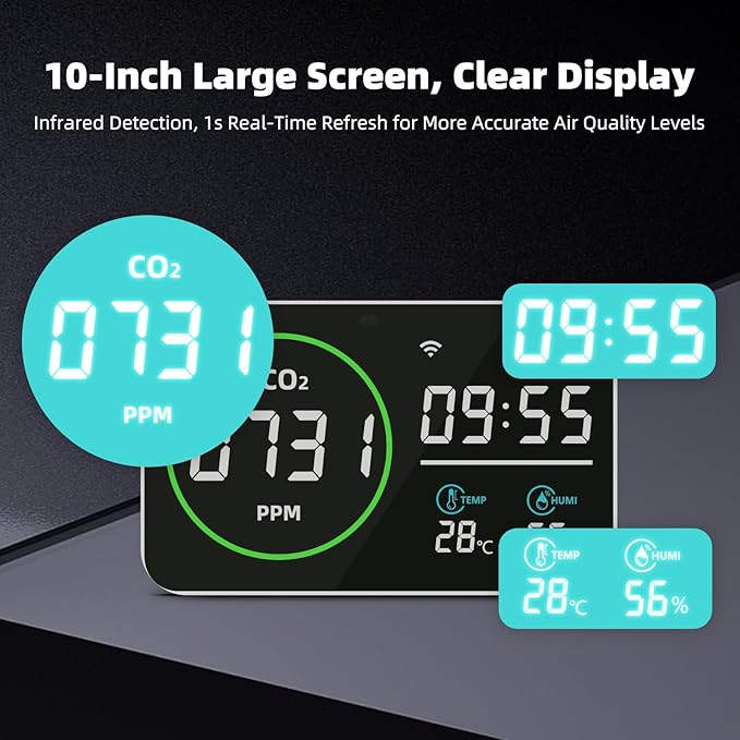 WiFi CO2 Detector, 9 Inch CO2 Monitor for CO2 Temp Humidity, Extra Large Display Digital Clocks, Air Quality Monitor for Indoor/Outdoor with Alerts, CO2 Infrared Sensor, Optical Sensor
