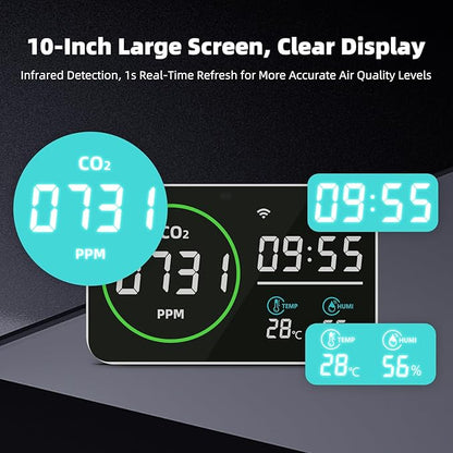 WiFi CO2 Detector, 9 Inch CO2 Monitor for CO2 Temp Humidity, Extra Large Display Digital Clocks, Air Quality Monitor for Indoor/Outdoor with Alerts, CO2 Infrared Sensor, Optical Sensor