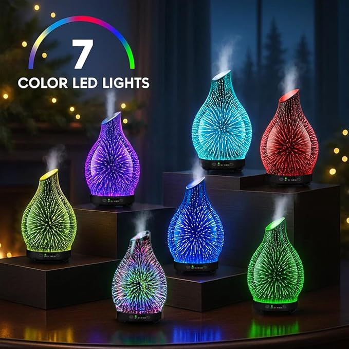 Essential Oil Diffuser & Essential Oils Set, Glass Aromatherapy Diffuser with 7 Color LED Lights and Auto-Shut Off, Cool Mist Diffuser for Home with 6 Essential Oils