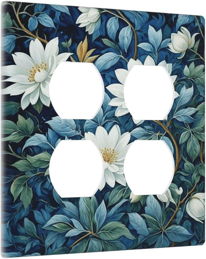 Decorative Outlet Covers Rustic White Floral Flowers Green Blue Leaves 2 Gang Wall Plate Double Duplex Light Switch Cover Switch Plate Covers Faceplate for Bedroom Home Decor