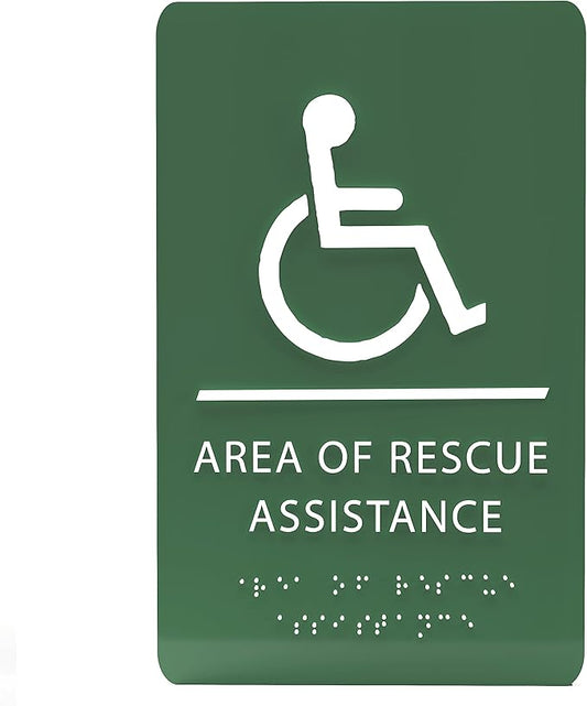 6" X9" Area of Rescue Assistance Sign - ADA Compliant Tactile Graphics Grade 2 Braille Text Signs| Sign for Shopping Malls, Offices, Hotels, Schools, Apartments, and Restaurants