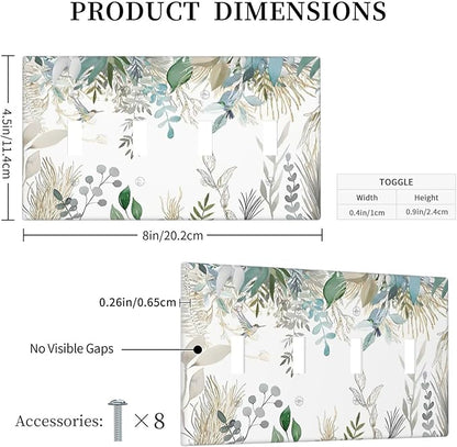 Green Tropical Palm Leaves Flower Plants Hummingbird Light Switch Covers Quad Toggle Electrical Faceplate 4 Gang Wall Plate Decorative Switch Plates for Bed Room Living Room Decor
