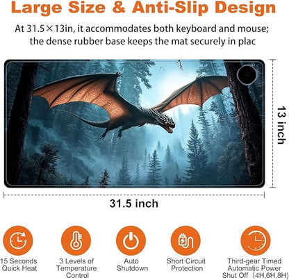 Heated Mouse Pad for Desk 31.5" x 13" – PU Leather Warm Desk Pad with 3 Heat Levels (104°F/113°F/122°F), Plug-in Electric Heating Mat with Auto Shut-Off, Waterproof & Rollable, Flying Dragon