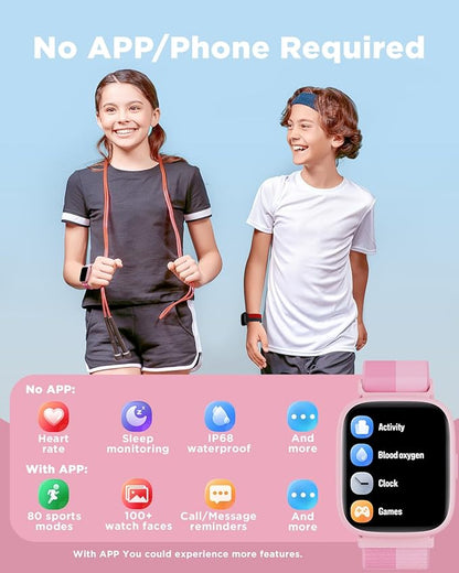 BIGGERFIVE Smart Watch for Kids, 1.8" Fitness Tracker Watch Pedometer, Heart Rate, IP68 Waterproof, Sleep Monitor, Calorie Step Counter, 5 Puzzle Games with/Without APP for Girls Teens 5-16, Nylon