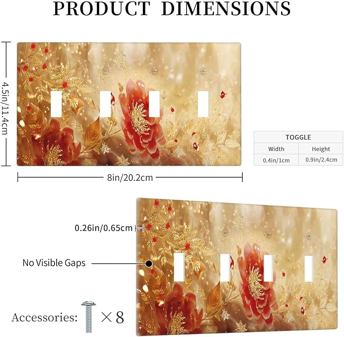 Decorative Light Switch Cover Plate Golden Leaf Red Peony Flowers Floral 4 Gang Wall Plate Oversized Quad Toggle Switch Cover Plate Jumbo Faceplate for Bedroom Decor