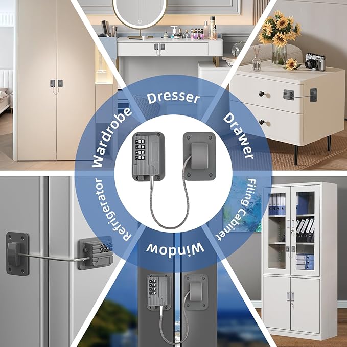 Refrigerator Lock, Heavy Duty Fridge Locks for Kids, Freezer Lock with Combination for Refrigerator Drawer Cabinet Safety, Easy to Install No Keys Needed Grey, 2 Packs