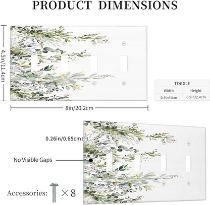 Decorative Light Switch Plate Covers Rustic Eucalyptus Leaves Green Leaf 4 Gang Light Switch Cover Quad Toggle Wall Plate Outlet Covers for Bedroom Home Decor