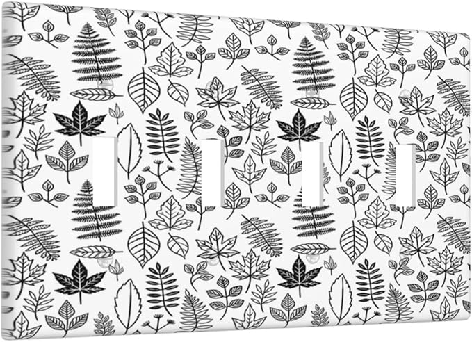 Black White Leaf Wheat Maple Leaf Plant Light Switch Covers Quad Toggle 4 Gang Wall Plate Decorative Switch Plates Electrical Faceplate for Bedroom Bathroom Decor