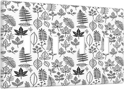 Black White Leaf Wheat Maple Leaf Plant Light Switch Covers Quad Toggle 4 Gang Wall Plate Decorative Switch Plates Electrical Faceplate for Bedroom Bathroom Decor