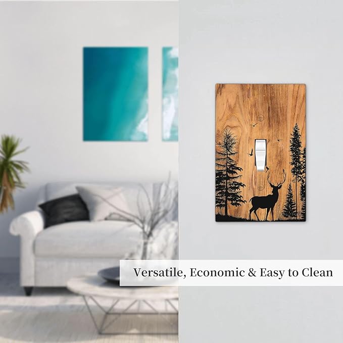 Decorative Light Switch Cover Rustic Farmhouse Orange Brown Pine Tree Deer Wood Grain 1 Gang Single Toggle Device Electrical Faceplate Switchplates Decorator Outlet Wall Plate for Bedroom