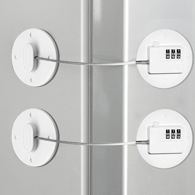Fridge Lock Refrigerator Lock- Child Safety Cabinet Locks for Refrigerator, Freezer, Drawers & Cabinets - No Key Combination Lock, Adjustable & Reusable for Kids, Adults, Pets (White 2Pack)