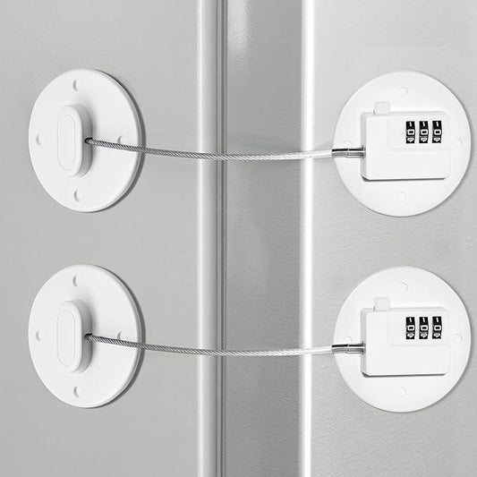 Fridge Lock Refrigerator Lock- Child Safety Cabinet Locks for Refrigerator, Freezer, Drawers & Cabinets - No Key Combination Lock, Adjustable & Reusable for Kids, Adults, Pets (White 2Pack)