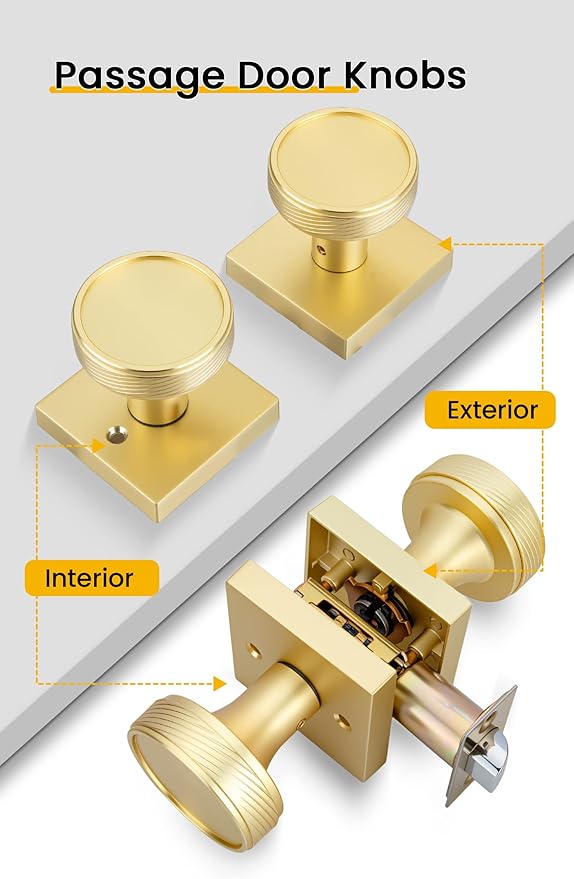 goldenwarm Passage Door Knob Gold, Zinc-Alloy Modern Brushed Gold Closet Door Knob Interior for Hallways, Heavy Duty Square Gold Modern Doorknob - 1 Pack