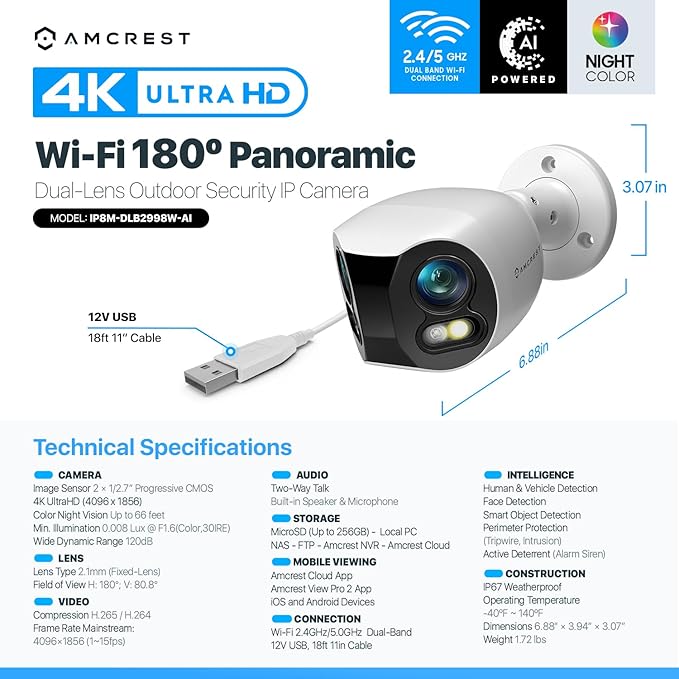 Amcrest Dual-Lens 4K (8MP) Outdoor Security WiFi Camera, 2 x 4MP Lenses WiFi AI Bullet IP Camera, Dual-Band 2.4Ghz & 5Ghz, Face Detection, Panoramic 180° FOV, 4K@15fps IP8M-DLB2998W-AI (White)