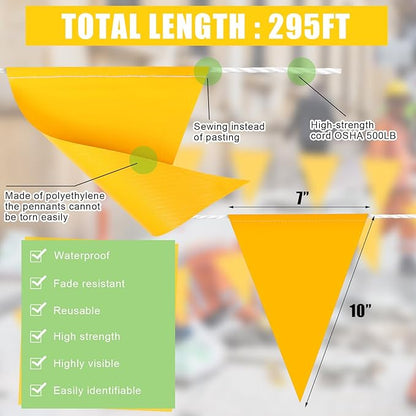 Preboun 135 Pcs 295 ft Pennant Banners Flags Reflective Yellow Safety String PVC Perimeter Marking Flags Caution Barricade Windproof Waterproof Rooftop Flagging for Marker Construction