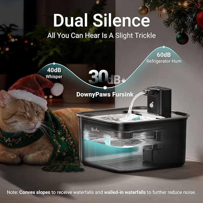 DownyPaws Cat Water Fountain Stainless Steel Wireless, 101 oz/3L FurSink Cordless Water Fountain for Cats, Battery Operated Cat Fountains for Drinking with Motion Sensor, Easy Clean, Black