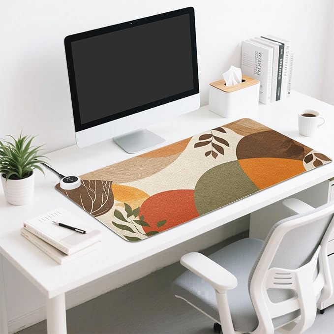 Heated Desk Pad Mouse Pad 31.5x13 Inch PU Leather Desk Mat with 3 Heat Levels Large Mouse Gaming Computer Laptop Mat Boho Brown Pattern