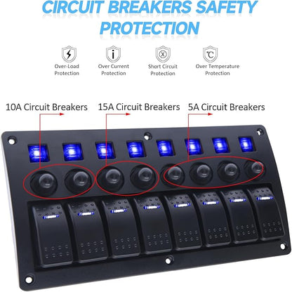 8 Gang Marine Switch Panel, Boat Rocker Switch Panel Waterproof, 12V Aluminum Switch Panel, Marine Toggle Switches ON/Off with Circuit Breaker 5A 10A 15A for Car RV Truck (Blue)