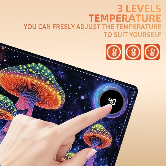 Heated Mouse Pad 23.6 x 14 in 3-Temp Fast Heating Desk Mat with Auto Timer Warmer for Hands Wrist Pain Relief Waterproof Keyboard Mat for Office, Gaming, Home, Mushroom Galaxy Art