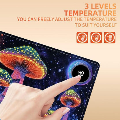 Heated Mouse Pad 23.6 x 14 in 3-Temp Fast Heating Desk Mat with Auto Timer Warmer for Hands Wrist Pain Relief Waterproof Keyboard Mat for Office, Gaming, Home, Mushroom Galaxy Art
