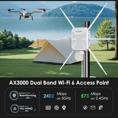 2026 AX3000 Outdoor WiFi 6 Extender, WAVLINK Long-Range WiFi Repeater/Access Point with Dual Band/PoE/IP67 Waterproof/6 x 7dBi Antennas, Supports Up to 256 Devices for Garage, Yard, RV,Farm