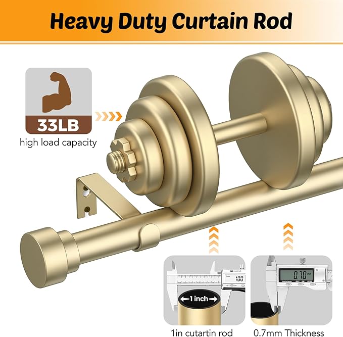 GEEBOBO Gold Curtain Rods for Windows 28 to 48 Inch, 1 Inch Adjustable Heavy Duty Decorative Window Curtain Rod, W1(Gold, 32"-60")