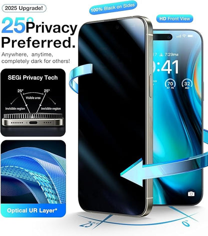 3 Pack Privacy Screen Protector for iPhone 16 Plus with 2 Camera Lens Protector 9H+ Tempered Full Cover Glass Military Grade Shatterproof 25° Anti Spy Bubble Free Auto Installation kit