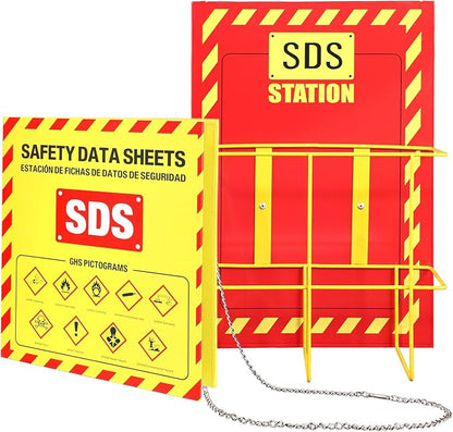MSDS SDS Binder and Wall Station,Yellow Heavy Duty 3 Inch Material Safety Data Sheet 3 Ring Binder with SDS Wire Rack and Display Sign, Chain,Mounting Hardware,Safety Posters,MSDS Labels