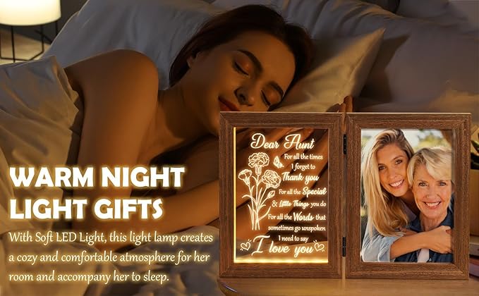 Aunt Gifts from Niece Nephew Aunt Christmas Gifts Auntie Gift, Engraved Night Light with Aunts Picture Frame Solid Wood, Best Auntie Ever Aunts Birthday Gift for Women - 5x7 Photos Table Display