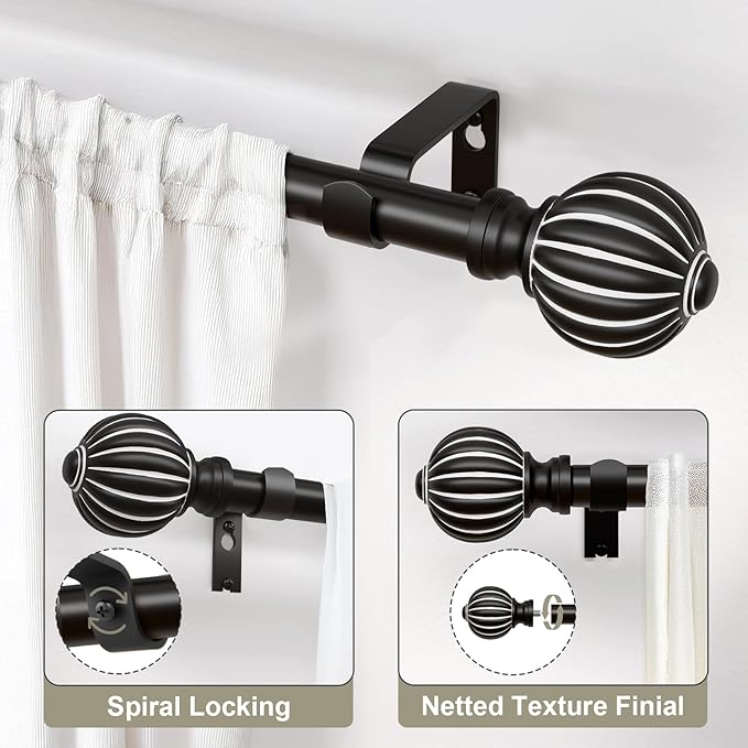 Black Curtain Rods for Windows 28 to 48 Inch, 1'' Adjustable Heavy Duty Curtain Rod，Vintage Decorative Drapery Rods with Pumpkin Finials for Bedroom Living Room