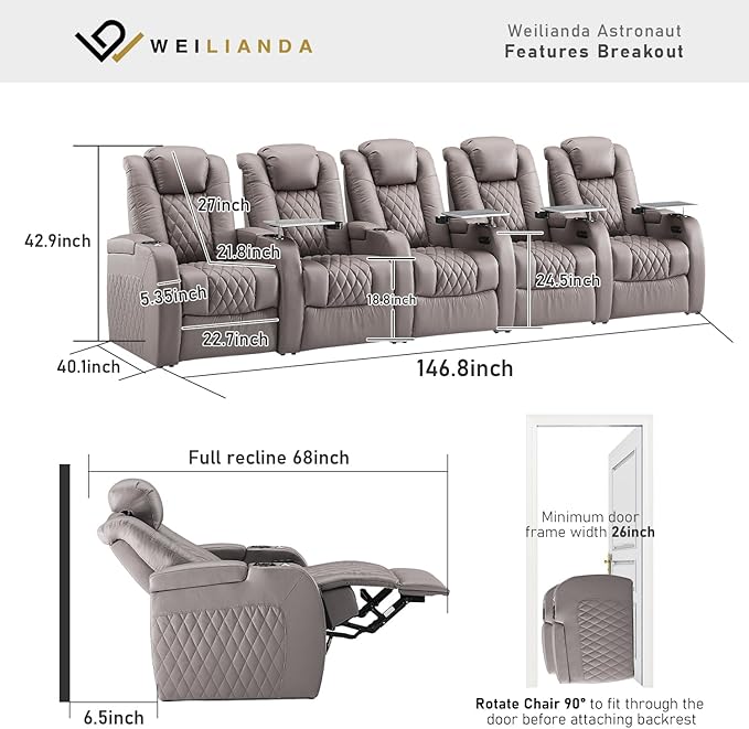 Weilianda Home Theater Seating Top Grain Leather Zero Gravity Recliner Chair Power Headrest Recline Movie Seat Gaming 7 Colors Mood Light Sofa with Tray Table USB Charge Row of 5 Grey