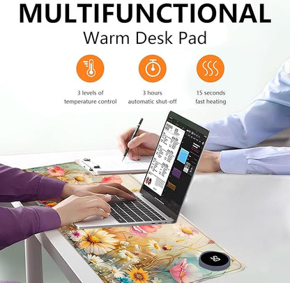 Heated Mouse Pad with 3 Levels Heated & 3 Hours Auto Shut-Off Mouse Pad for Warming Hands in Office Home, 23.6" x 14.2"Large Safe Desk Mat Hand Warmer，Colorful Flowers
