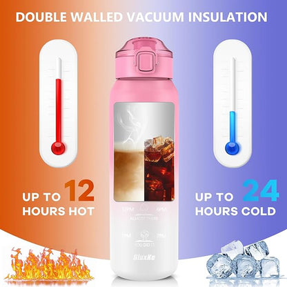 32oz Insulated water bottle with 2 Lids (Straw and Chug Lid), 18/10 Stainless Steel Water Bottle BPA Free, Double Wall Vacuum Wide Mouth Insulated Water Bottle for Men, Women & Kids PINK WHITE