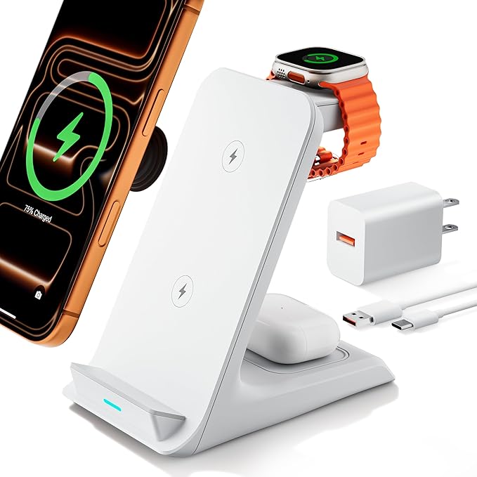 Wireless Charger for Thick Cases of 10MM/Otterbox/for Popsocket, 3 in 1 Charging Dock for iPhone 17 16 15 14 13 Pro Max, Charging Station for Multiple Devices for Apple Watch/AirPods