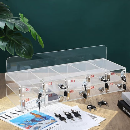 Threan Cell Phone Locker Box for Classroom with Door Locks and Keys Clear Acrylic Phone Jail Storage Cabinet Wall Mounted for School Factory Office (10 Slots)