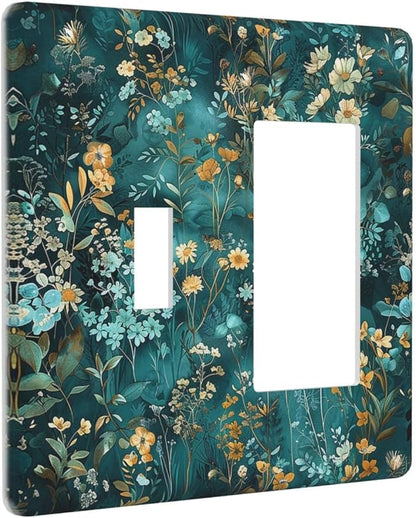 Outlet Covers Green Leaf Floral Boho Golden Flower Plant 1 Toggle 1 Rocker Combination Decorative Wall Plate Electrical Switch Plates Light Switch Cover Plate For Bed Room Cabin Decor