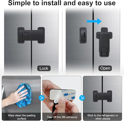 Fridge Locks for Kids, Child Proof Refrigerator Lock, Baby Safety French Fridge Door Lock, Child Cabinet Locks with Strong 3M Adhesive, No Drill, Tool-Free Install (2 Pack, Black)