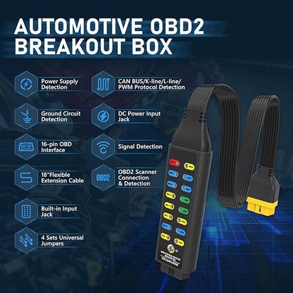OBD2 Breakout Box, Automotive OBDII Protocol Detector Communication/Power/Ground Detection Breakout Box 16-Pin CAN 17.7 inches Cable Fault Diagnosis Scan Tool with Universal Wire Jumper and Clips