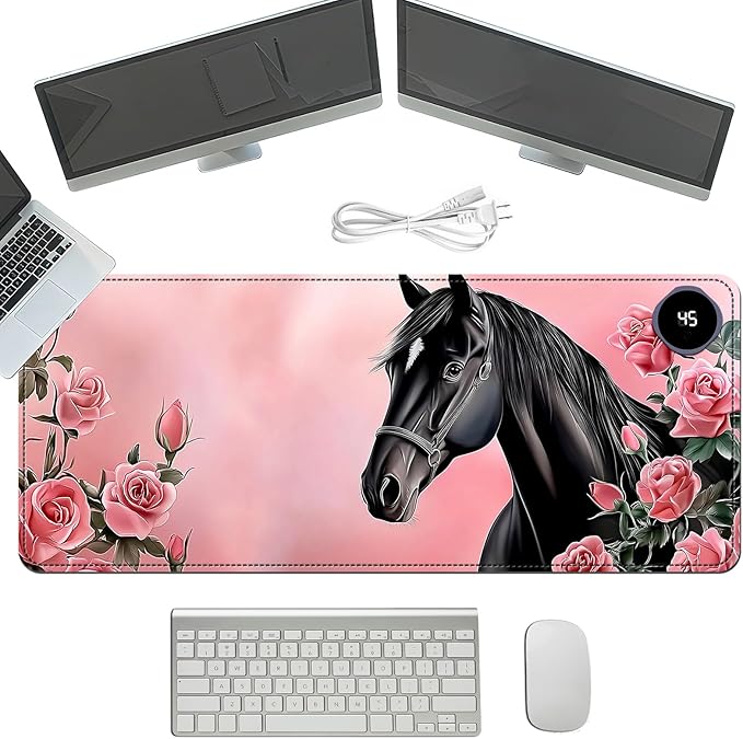 Heated Mouse Pad with 3 Temperature Settings(104°F–122°F),Large 31.5x13 Inch PU Leather Heated Desk Mat,Waterproof Warming Pad for Office,Gaming & Cold Hands Relief,Pink Rose Black Horse
