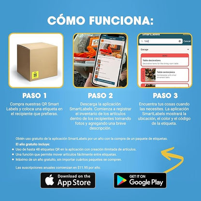 SmartLabels – Etiquetas QR en Español | Paquete de 48 | Etiquetas QR Multicolor | Calcomanías con App para Inventario Fácil, Organización de Bodegas o Etiquetas de Mudanza