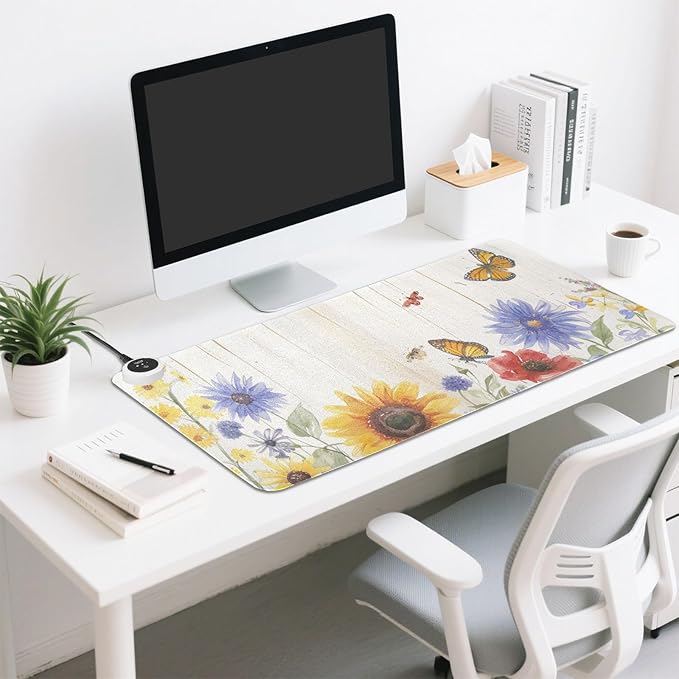 Heated Desk Pad Mouse Pad 31.5x13 Inch PU Leather Desk Mat with 3 Heat Levels Large Mouse Gaming Computer Laptop Mat Watercolor Cornflower Butterfly