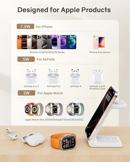 Wireless Charging Station for Apple - 3 in 1 Wireless Charger Stand Dock Watch and Phone Charger Station for Apple Watch 11/8/7/SE/6/5/4/3/2, iPhone 17 16-12 Pro Max SE XS X, Samsung, AirPods Pro/3/2