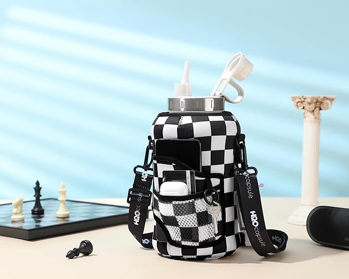 H2O Capsule 2.2L Half Gallon Wide Mouth Water Bottle with Storage Sleeve and Removable Straw - Hydration Tracker Jug with Measurements Marked – Shatterproof BPA-Free, (Check Mate)
