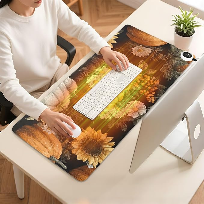Heated Desk Pad Mouse Pad 31.5x13 Inch PU Leather Desk Mat with 3 Heat Levels Large Mouse Gaming Computer Laptop Mat Black Pumpkins Sunflowers Daisy