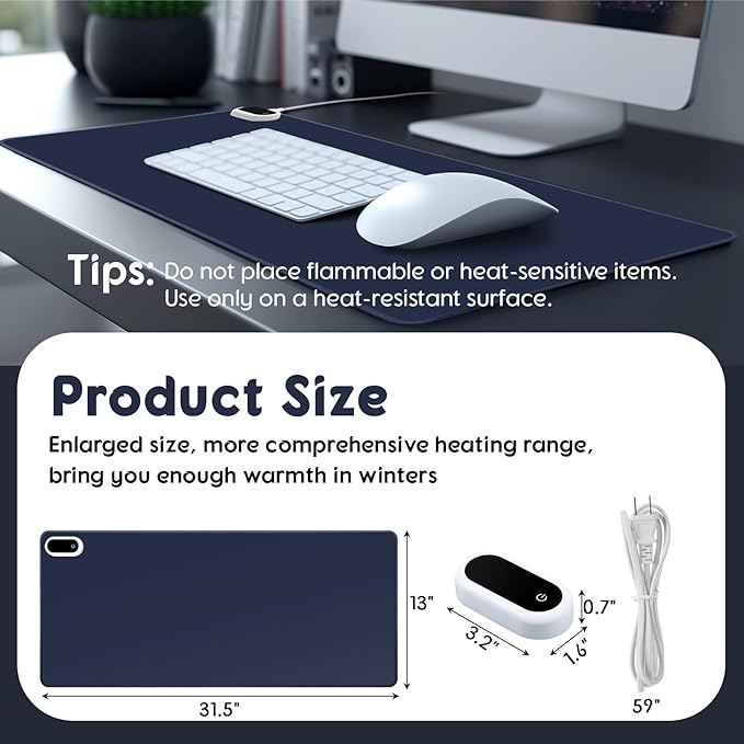Konohan Heated Large Desk Mat PU Leather Warm Mouse Pad with 5 Heating Level & 4 Hour Auto Shut-Off Heating Keyboard Pad Warmer Gaming Mice Mat Only Supports 110v(Dark Blue Color,31.5" X 13")