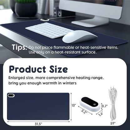Konohan Heated Large Desk Mat PU Leather Warm Mouse Pad with 5 Heating Level & 4 Hour Auto Shut-Off Heating Keyboard Pad Warmer Gaming Mice Mat Only Supports 110v(Dark Blue Color,31.5" X 13")